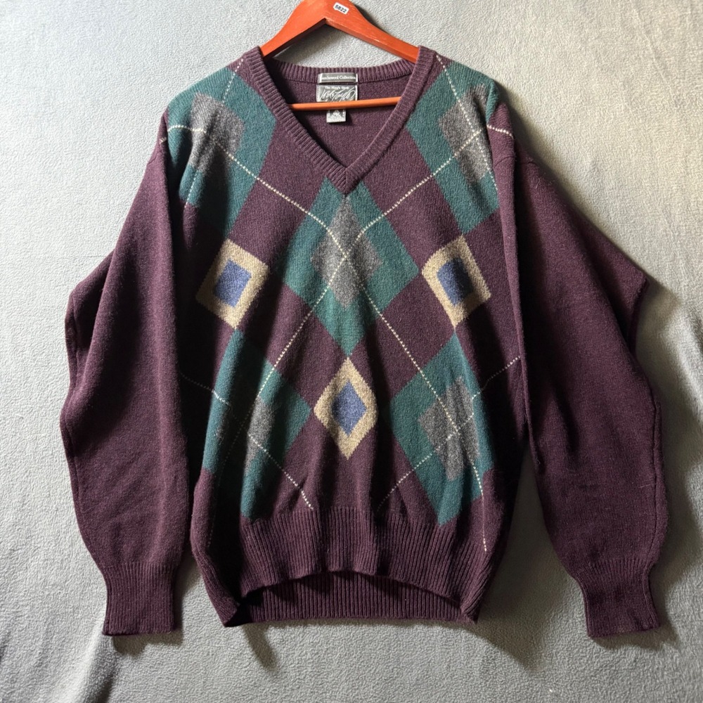 Lord & Taylor Mens Lambswool Argyle V-Neck Sweater Purple Green Large Vintage